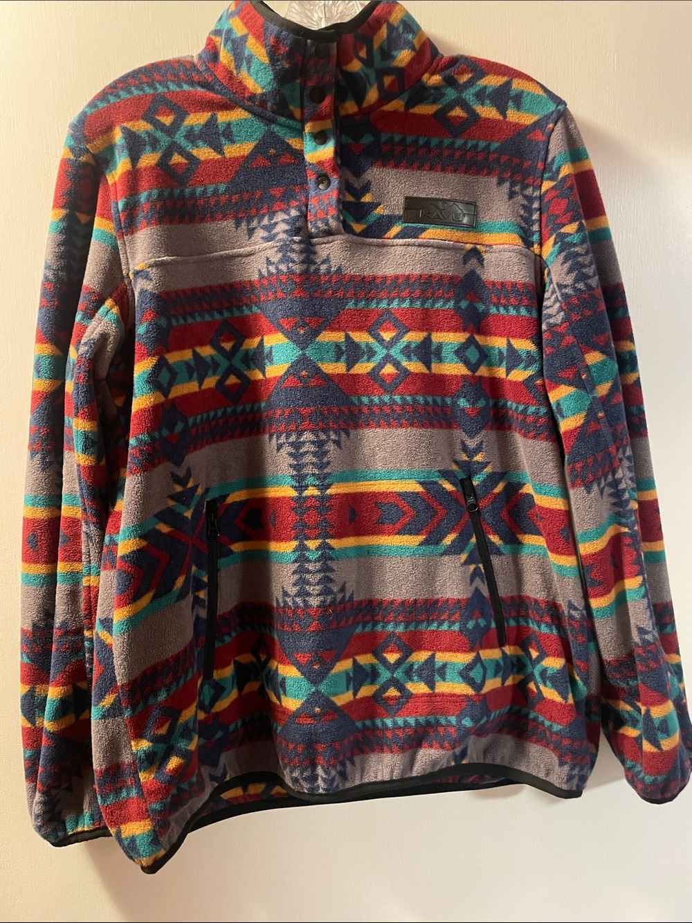 Kavu Women’s Zip-Up Fleece Sweater - Gray with Red, Teal, Yellow & Navy Pattern